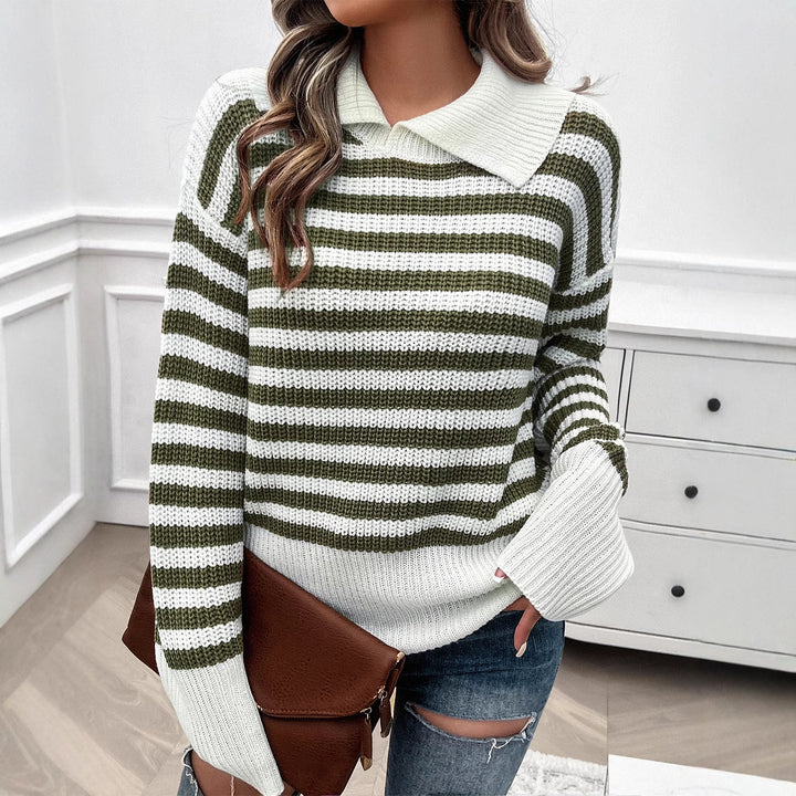 Damen nan gestreifter Polokragen-Strickpullover mit weitem Saum und ausgestellten Bündchen Echo Archiv