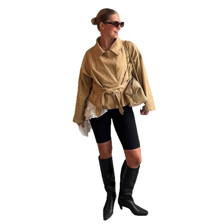 Damen Kurze Taillierte Canvas-Jacke mit Bindegürtel und überschnittenen Schultern Echoarchiv
