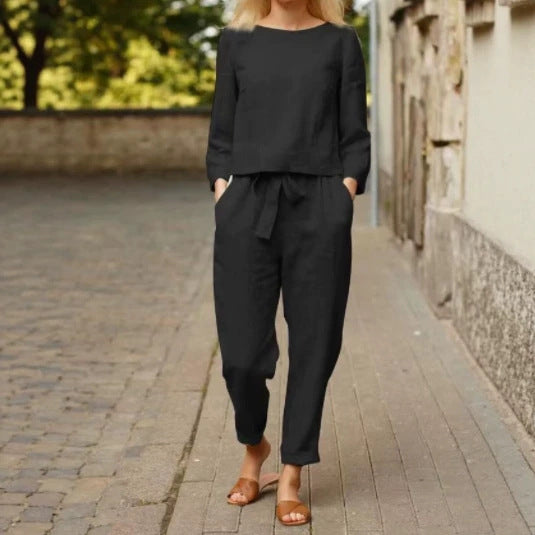 Damen Lässiges Leinen-Loungewear-Set mit Rundhalsausschnitt, Bindegürtel und knöchellanger Hose – Élanora