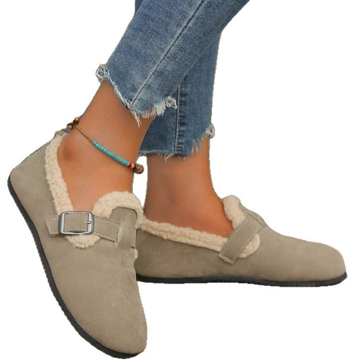 Damen Gefütterte Wildlederoptik-Slipper mit Teddy-Kragen, verstellbarer Schnallenlasche und rutschfester Profilsohle Echo Archiv