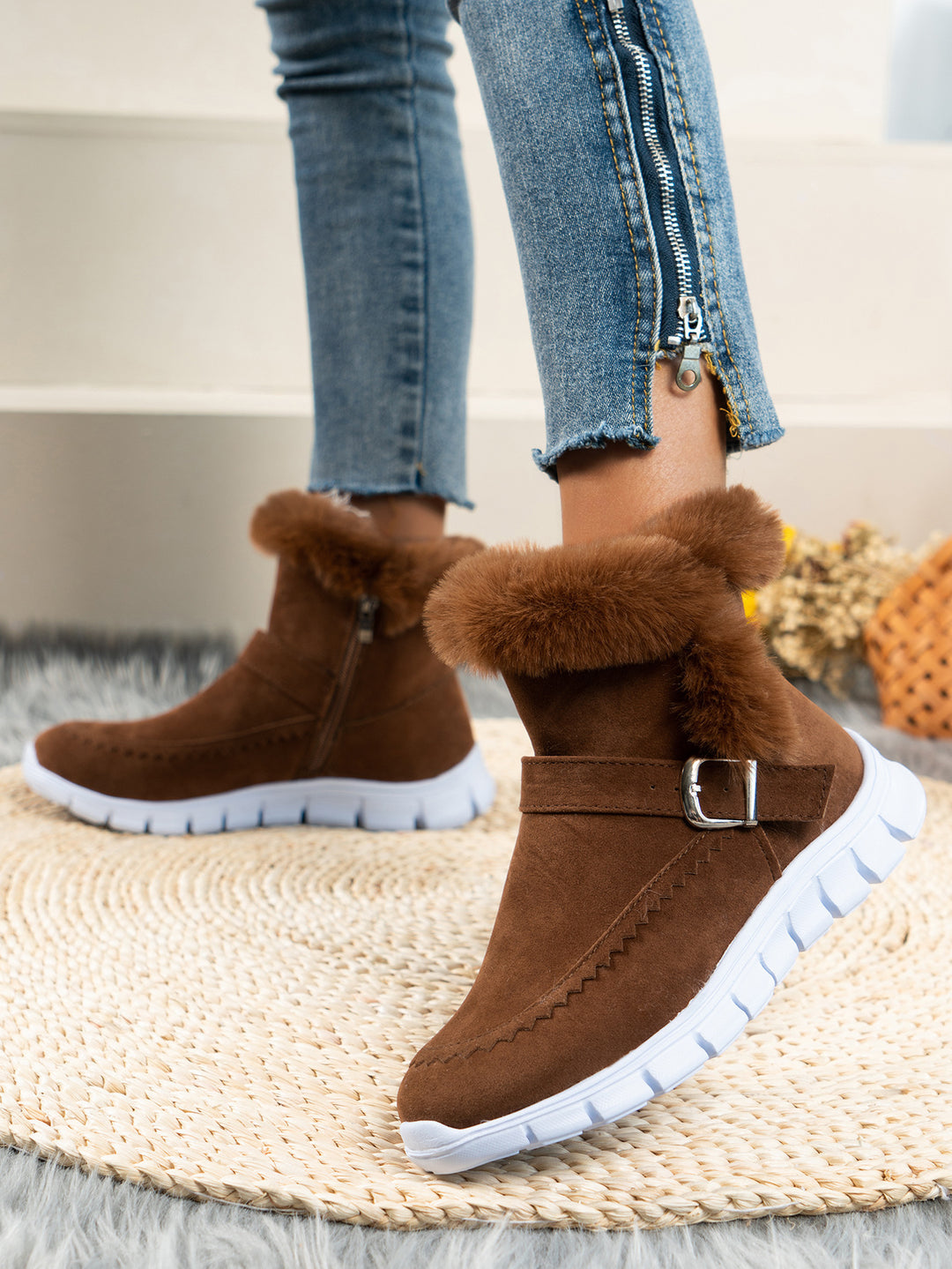 Damen nan gefütterte Kurzstiefel mit Kunstfellbesatz, Velourslederoptik, seitlichem Reißverschluss, dekorativer Metallschnalle und profilierter Lightweight-Sohle Echo Archiv