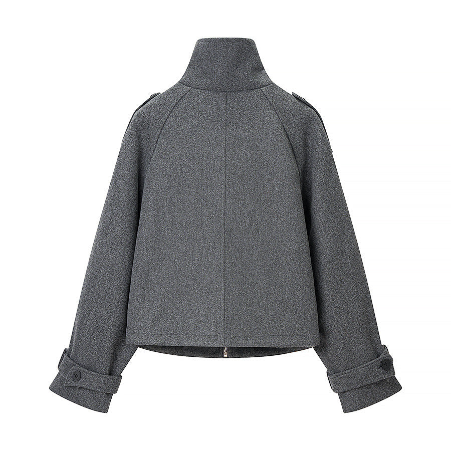 Damen Kurz geschnittene Wollmix-Croppedjacke mit Stehkragen, Schulterklappen und verstellbaren Ärmelriemen Echo Archiv
