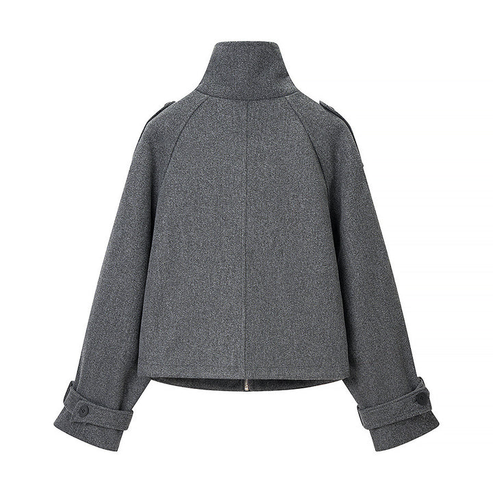 Damen Kurz geschnittene Wollmix-Croppedjacke mit Stehkragen, Schulterklappen und verstellbaren Ärmelriemen Echo Archiv