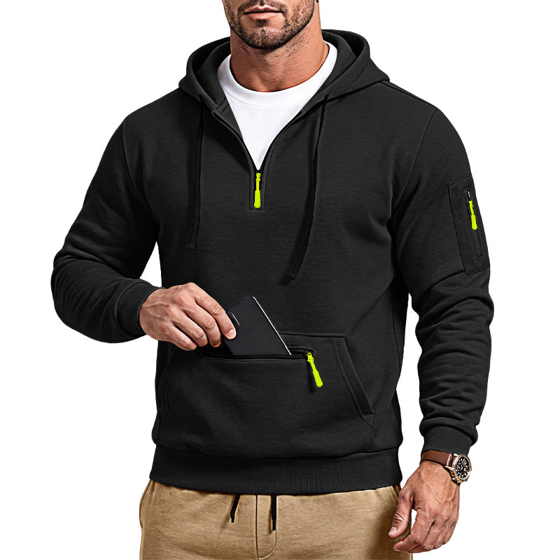 Herren sportlicher Kapuzenpullover mit halbem Reißverschluss und verschließbarer Kängurutasche – Cavarno