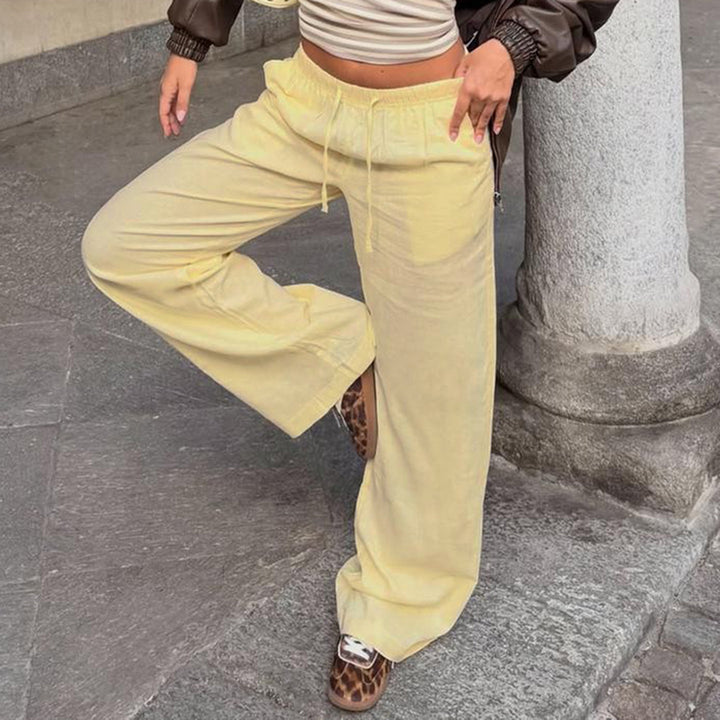 Damen Leinen-Loungehose mit weitem Bein, Tunnelzug und Seitentaschen – Avélisse
