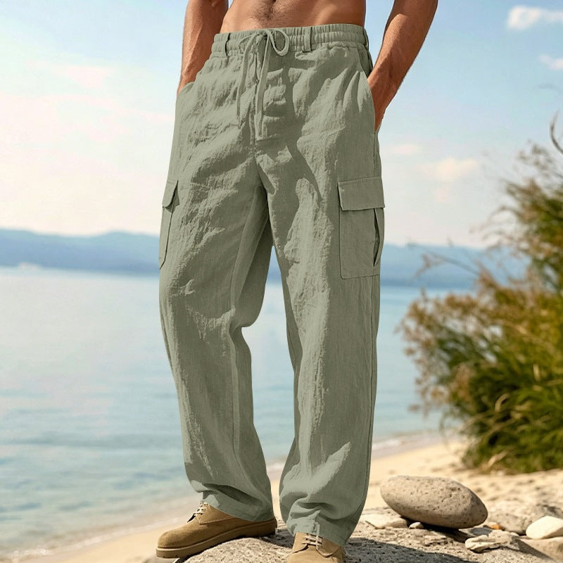 Herren nan entspannt geschnittene Strand-Cargohose aus Leinenblend mit elastischem Tunnelzug und zweifacher Klapptasche Echo Archiv