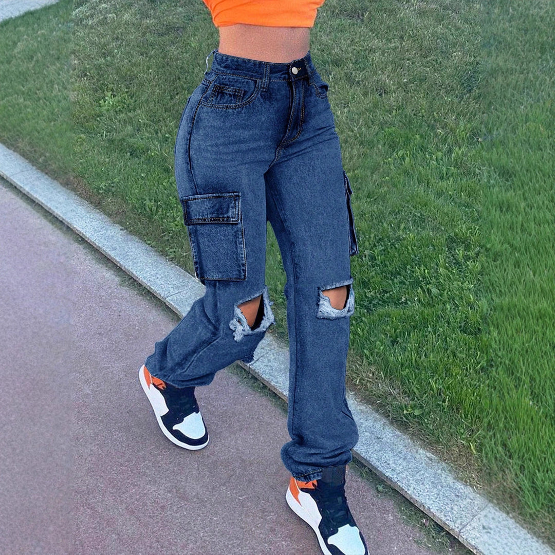 Damen High-Waist Cargo-Jeans mit geradem Bein, Knie-Rissen und seitlicher Klappentasche Echo Archiv