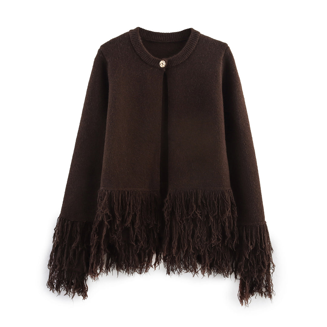 Damen Fransenponcho mit Rundhalsausschnitt und dekorativem Knopfverschluss – Célinea