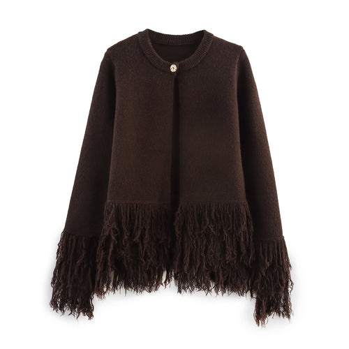 Damen Fransenponcho mit Rundhalsausschnitt und dekorativem Knopfverschluss – Célinea