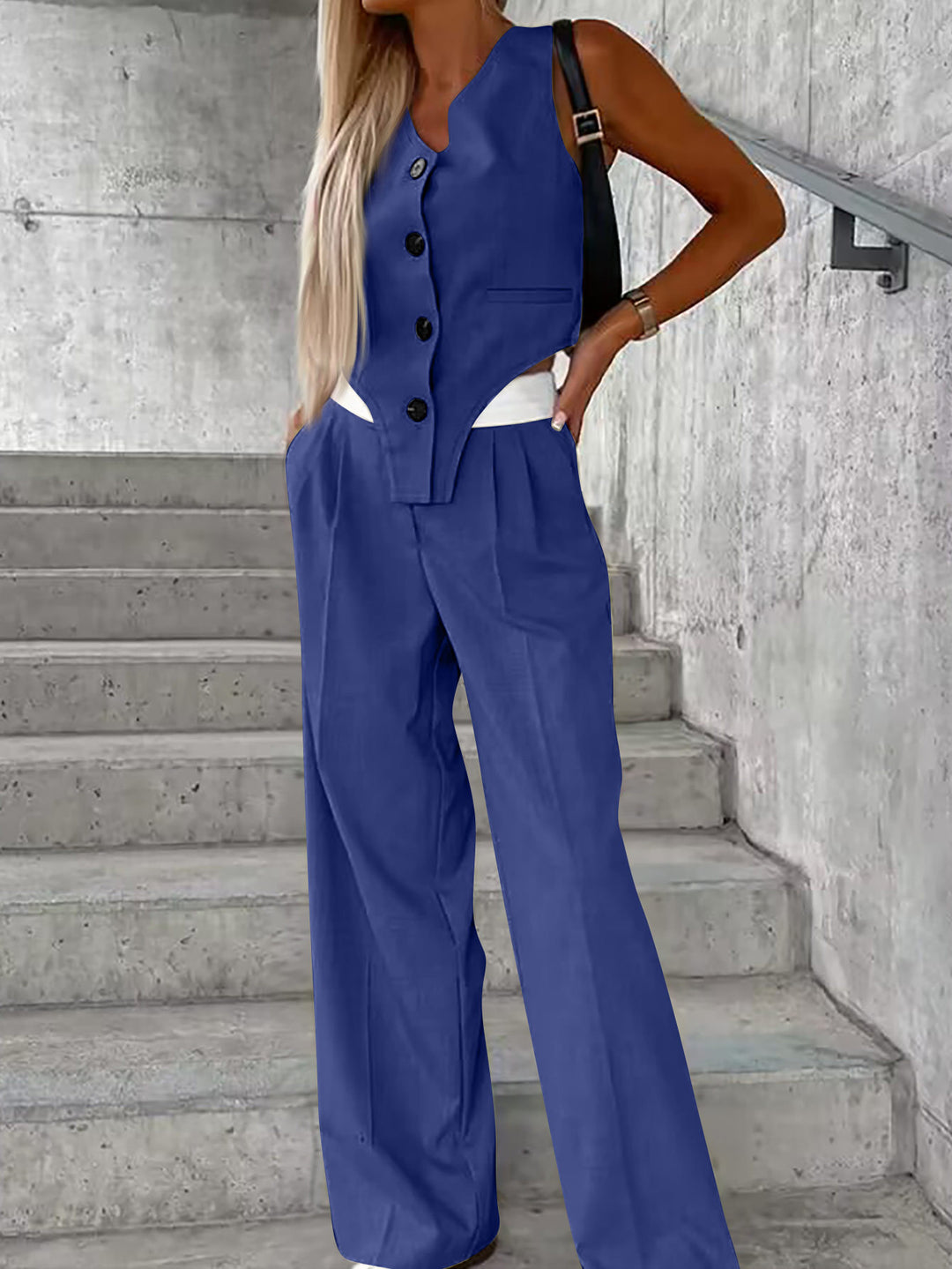 Damen Asymmetrisches Gilet- und Palazzohosen-Set mit Bundfalten und Eingrifftaschen – Avélisse