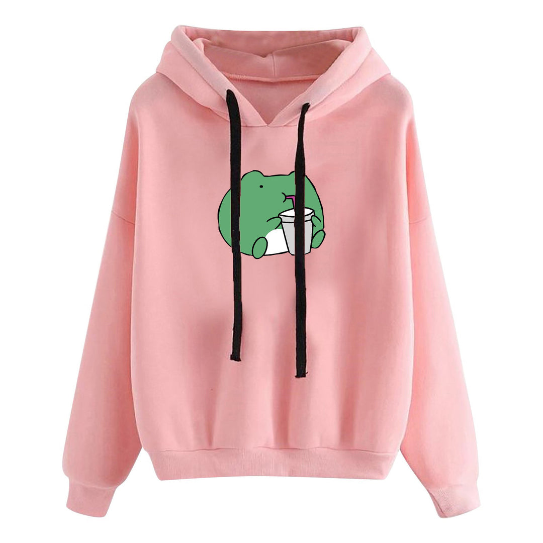 Damen kurz geschnittener Cropped-Kapuzenpullover mit niedlicher Frosch-Illustration und verstellbarer Kapuze – Auréline