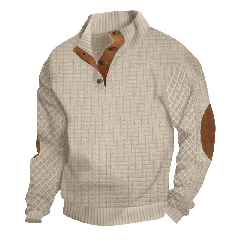 Herren Waffelstrick-Halbzip-Pullover mit Stehkragen Lederbesatz und Ellbogenpatches Echoarchiv
