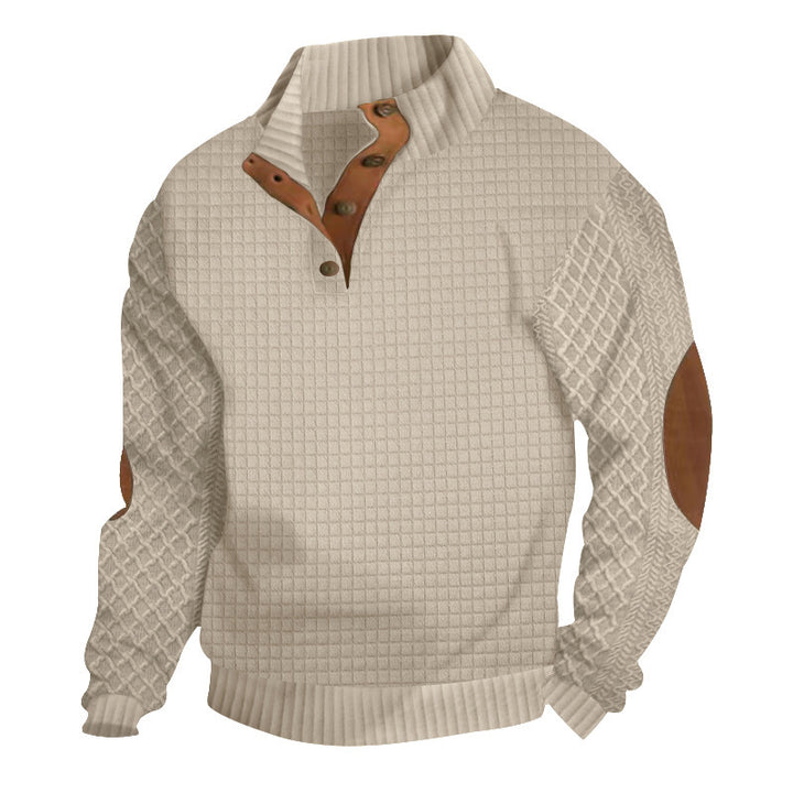 Herren Waffelstrick-Halbzip-Pullover mit Stehkragen Lederbesatz und Ellbogenpatches Echoarchiv