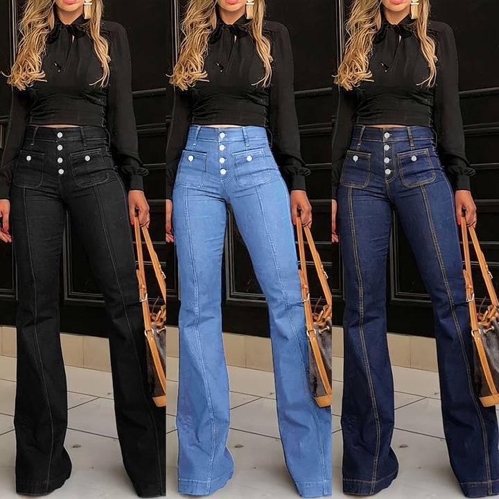 Damen High-Waist Schlagjeans mit Knopfdetails – Dénora