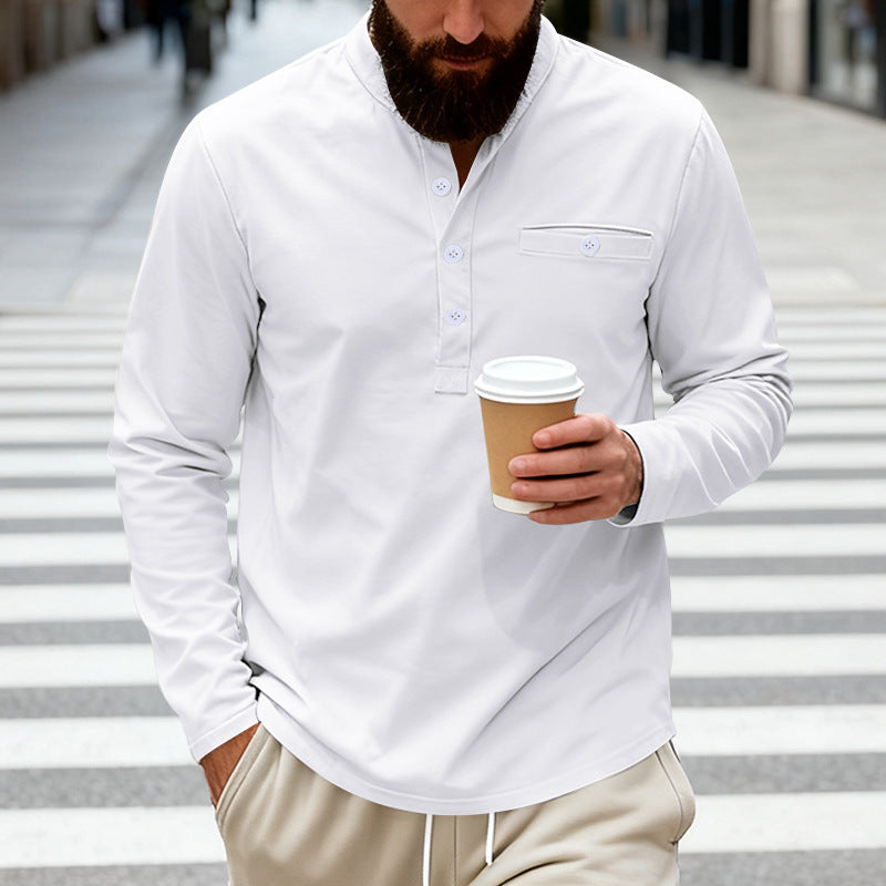 Herren nan langärmeliges Henley-Shirt mit Stehkragen, Brusttasche und dekorativer Knopfleiste Echo Archiv