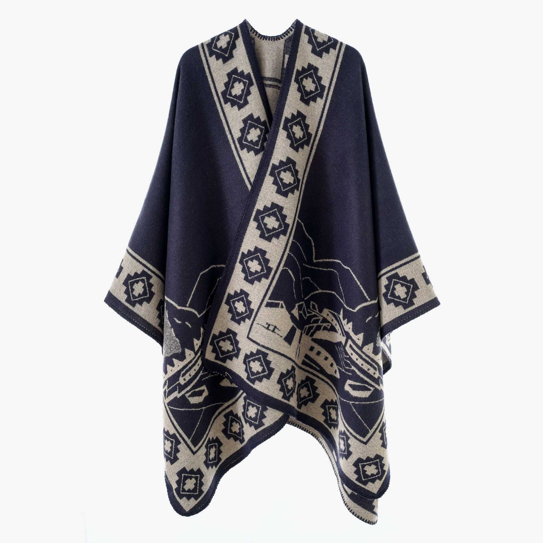 Damen Jacquard‑Strickponcho mit offenem Fall und Bordüren‑Detail – Veloura