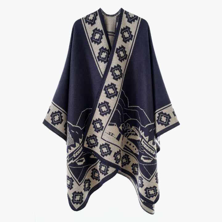 Damen Jacquard‑Strickponcho mit offenem Fall und Bordüren‑Detail Echo Archiv