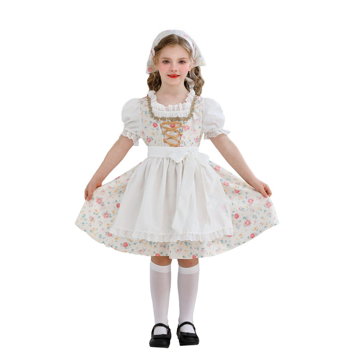 Damen nan traditionelles Dirndlkleid für Mädchen mit bestickter Schürze, Rüschenkragen und passendem Kopftuch Echo Archiv