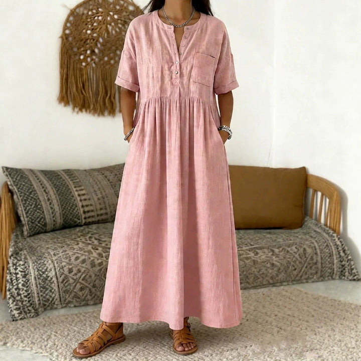 Damen Langes Boho‑Maxikleid mit Henley‑Knopfleiste, Brusttasche und seitlichen Eingrifftaschen Echoarchiv