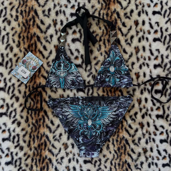Damen Triangel-Bikini mit floralem Muster und Strass-Applikationen Echo Archiv