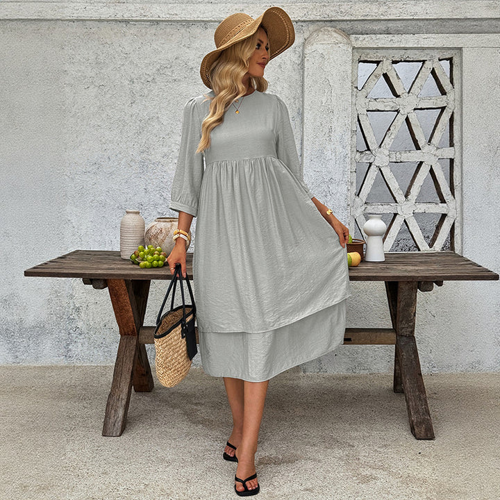 Damen Lagen-Midikleid mit geraffter Taille, 3/4-Ärmeln und lockerem A-Linien-Schnitt Echoarchiv