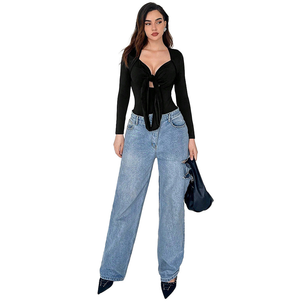 Damen figurbetonter Langarm-Bodysuit mit Knotenfront tiefem V-Ausschnitt und hochgeschnittenem Bein – Bodéline