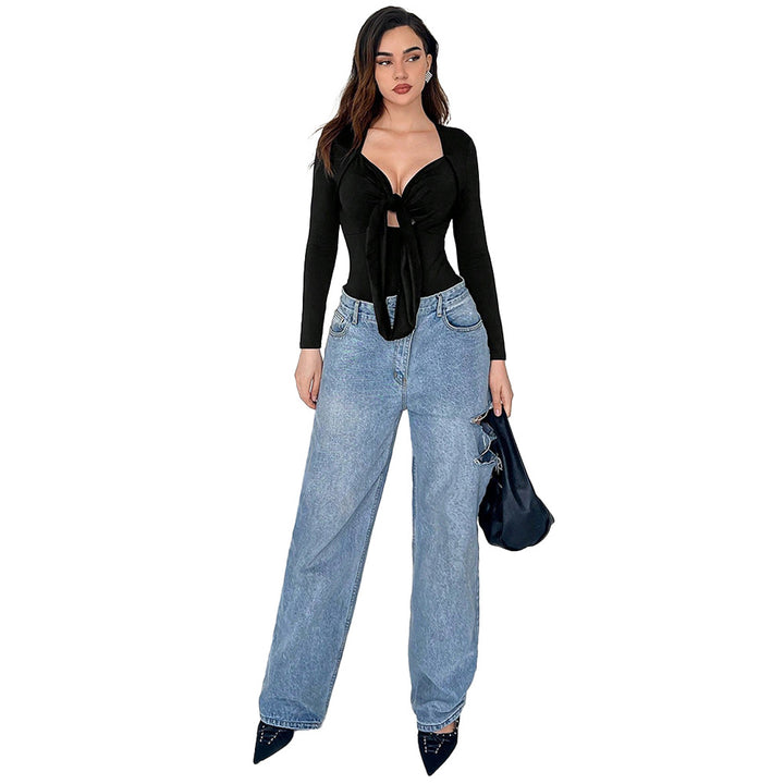 Damen figurbetonter Langarm-Bodysuit mit Knotenfront tiefem V-Ausschnitt und hochgeschnittenem Bein – Bodéline