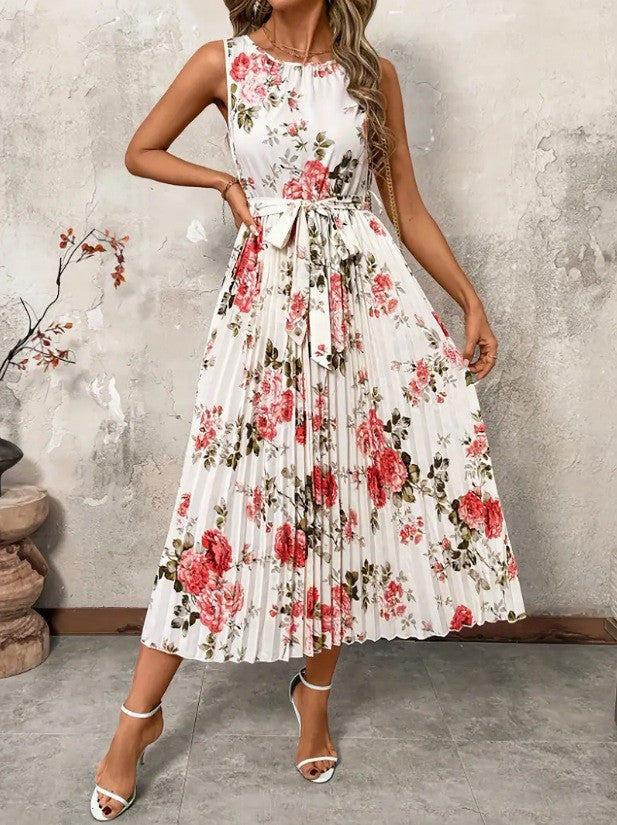 Damen Plisseekleid mit floralem Muster und Gürtel Echoarchiv