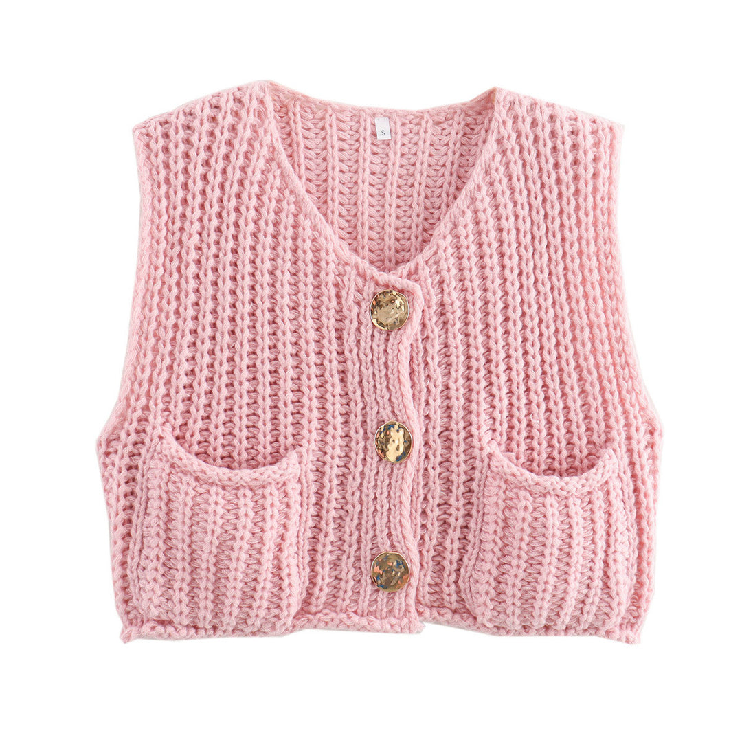 Damen Kurzgeschnittene Ärmellose Strickweste mit V-Ausschnitt und Zierknöpfen – Veloura