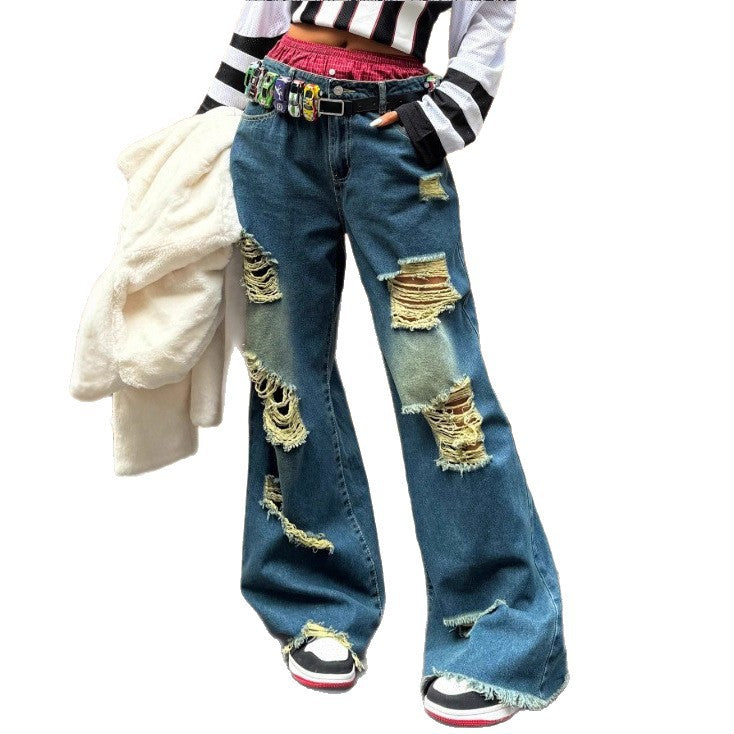 Damen weite Destroyed-Denim-Jeans mit Neonfransen-Applikation Echo Archiv