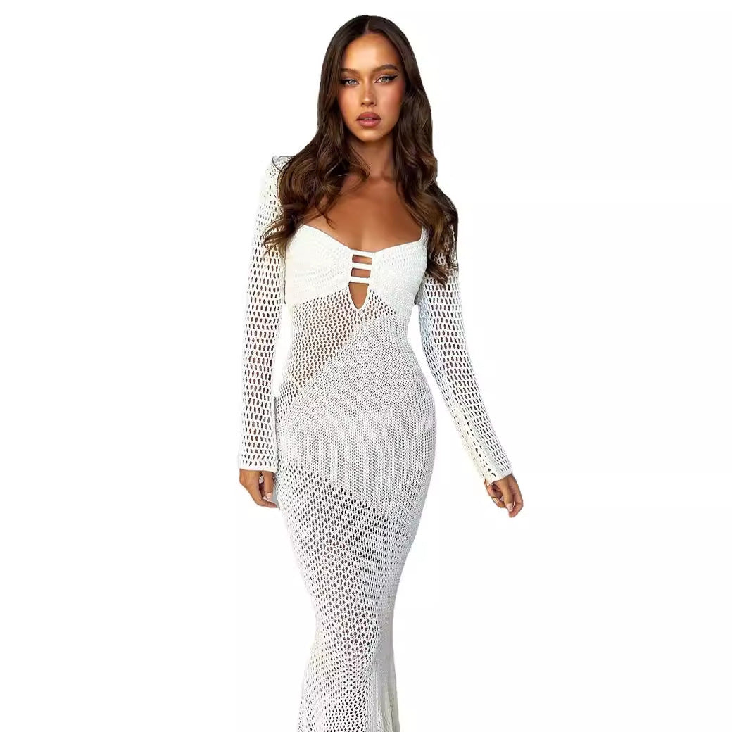 Damen langes Häkelkleid mit V-Ausschnitt und dekorativen Cut-Outs Echo Archiv