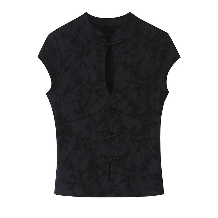 Damen Ärmelloses Cheongsam-inspiriertes Top mit Stehkragen und Zierknopfleiste Echoarchiv