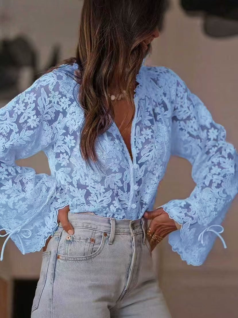 Damen transparente Bluse mit floralen Stickereien und weiten Ärmeln Echo Archiv