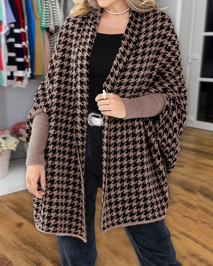 Damen Oversized Poncho mit Hahnentritt-Muster und offenem Schalkragen – Célinea
