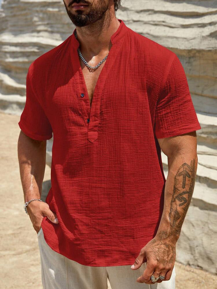 Herren Kurzarm Henley Hemd mit modernem Stehkragen aus leichtem Baumwollmaterial Echoarchiv