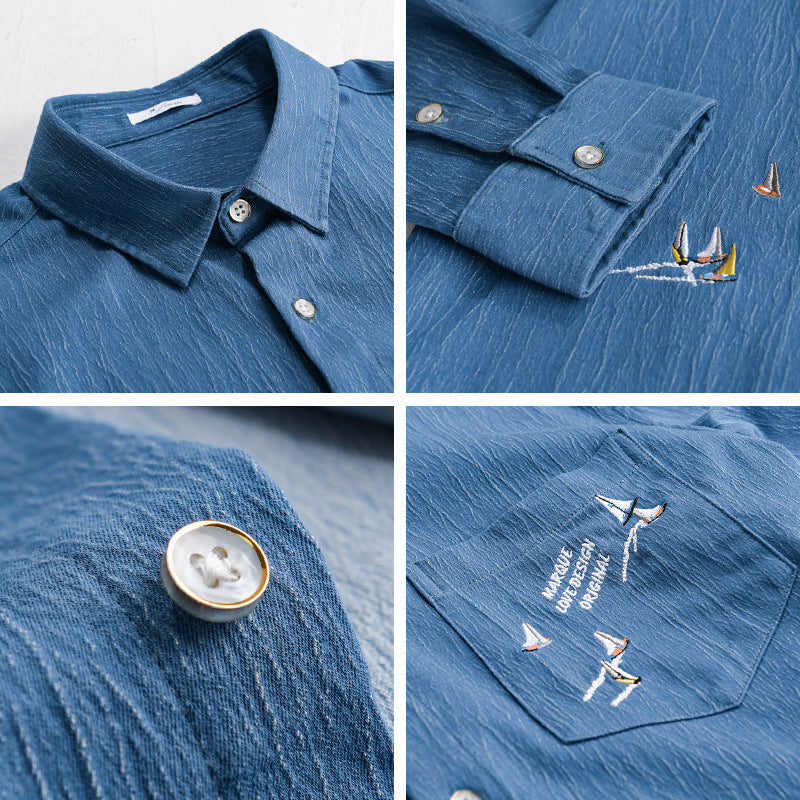 Herren Texturiertes Chambray-Overshirt mit maritimer Stickerei und Brusttasche Echoarchiv