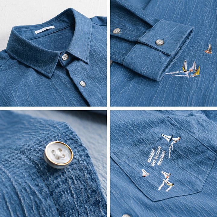 Herren Texturiertes Chambray-Overshirt mit maritimer Stickerei und Brusttasche Echoarchiv