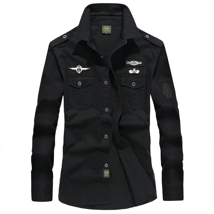 Herren nan militärisch inspiriertes Utility-Hemd aus Baumwollmix mit Epauletten, Brusttaschen und Emblem-Patches Echo Archiv