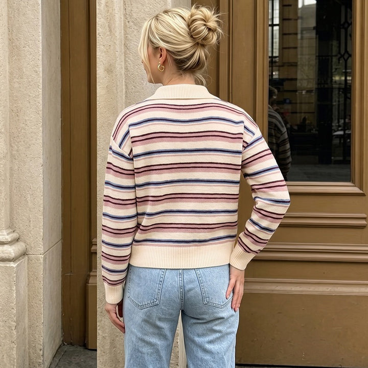Damen Lässiger Strickpullover mit Polo-Kragen und Streifen Echo Archiv