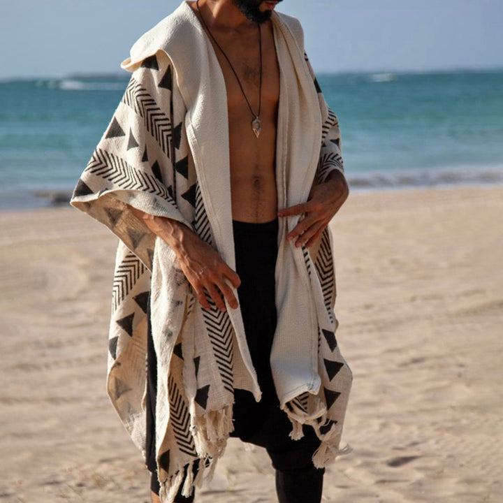 Herren Strandponcho mit Kapuze und geometrischem Jacquardmuster Echoarchiv