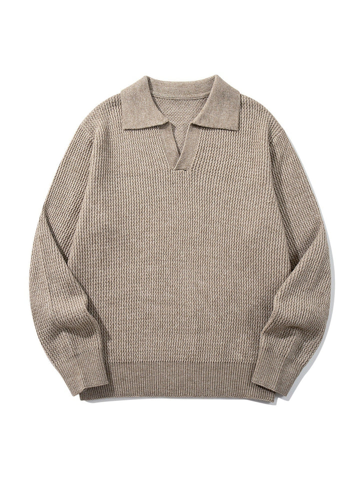 Herren Grobgestrickter Polokragen-Pullover mit V‑Ausschnitt und Rippenbündchen Echoarchiv