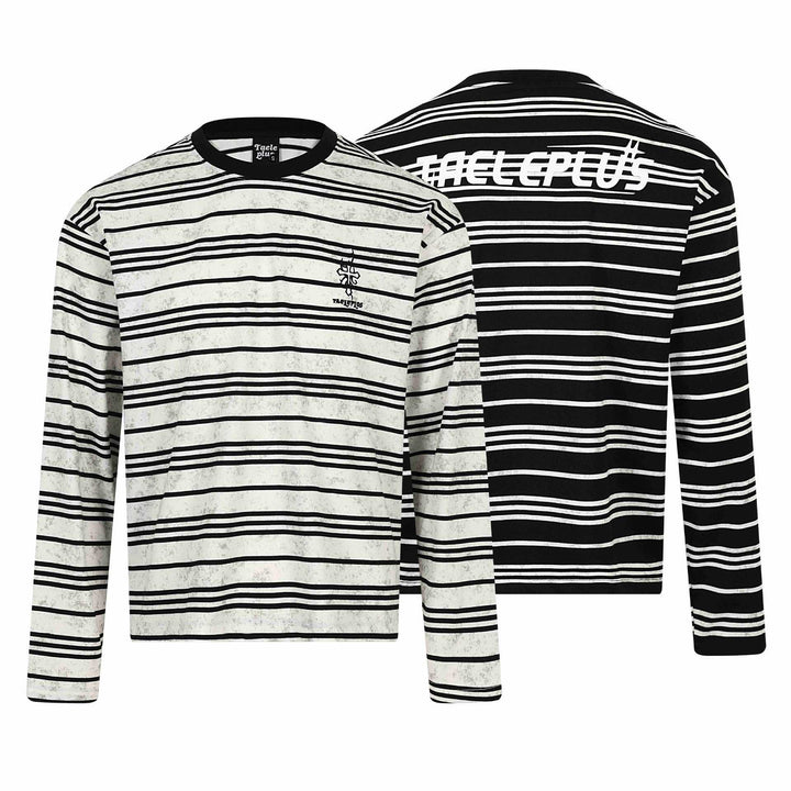 Unisex Gestreiftes Langarm-T-Shirt mit Rundhalsausschnitt und feinem Logo-Stick Echoarchiv