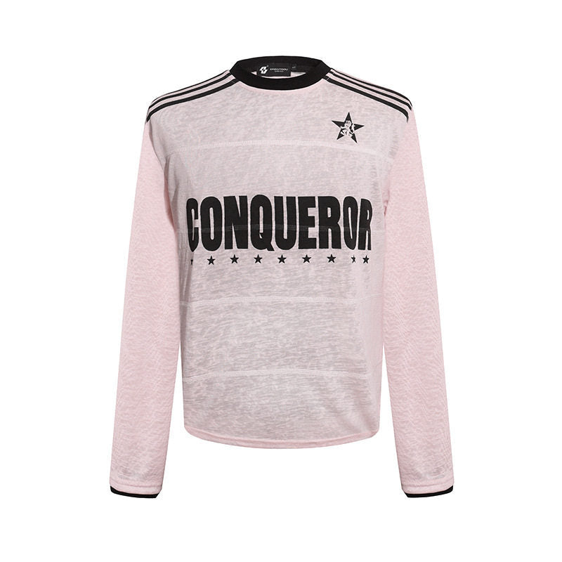 Damen Langarmshirt mit Statement-Print, Sportstreifen und strukturierter Slub-Optik Echoarchiv