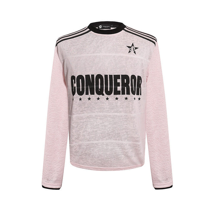 Damen Langarmshirt mit Statement-Print, Sportstreifen und strukturierter Slub-Optik Echoarchiv