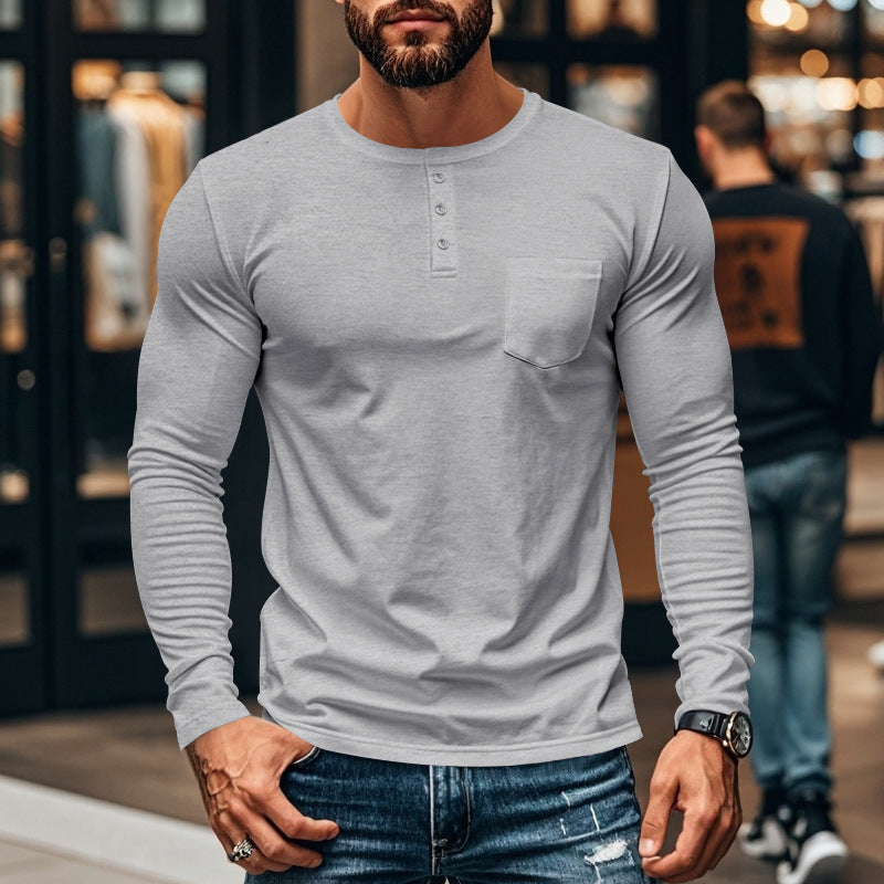 Herren Langarm-Henley-Shirt mit strukturierter Oberfläche und praktischer Brusttasche Echoarchiv