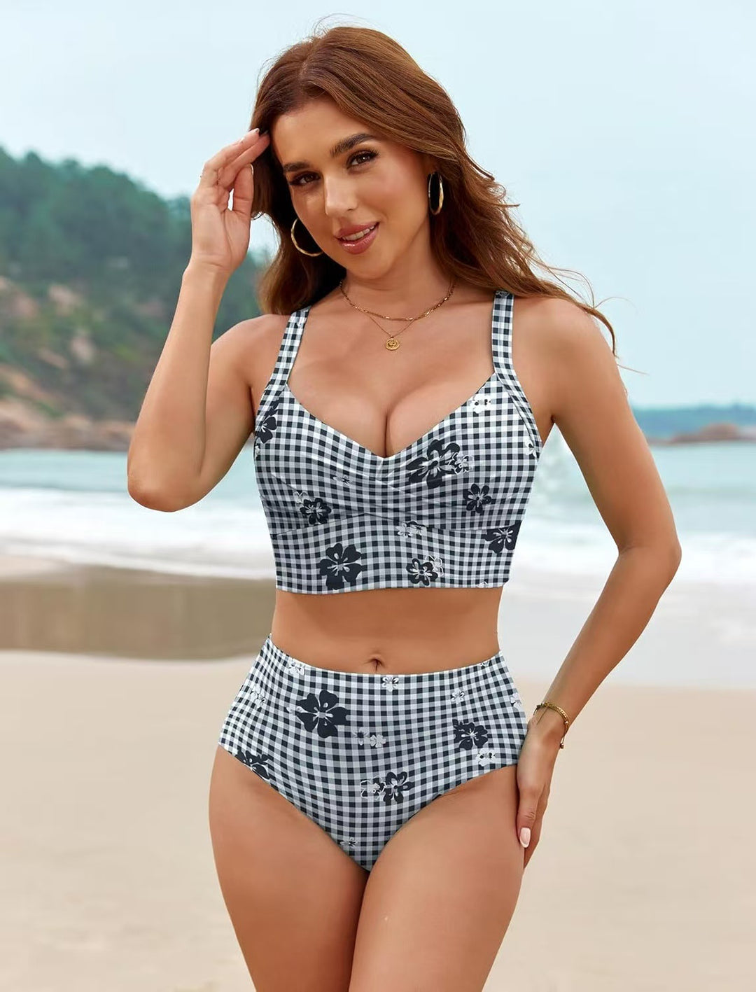 Damen Hochtailliertes Bikini-Set mit modischem Karomuster und Blumenakzenten Echo Archiv