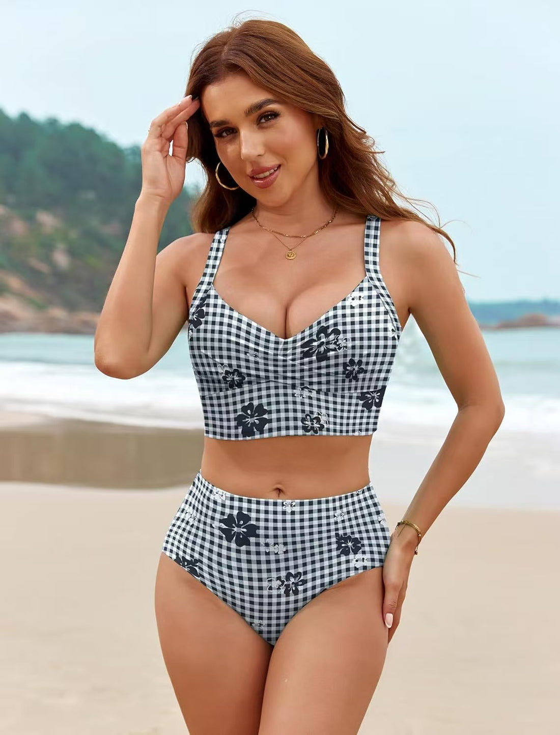 Damen Hochtailliertes Bikini-Set mit modischem Karomuster und Blumenakzenten – Maréssa