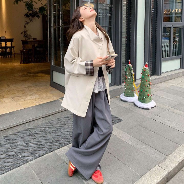 Damen Oversized Kurzmantel mit Stehkragen und kariertem Ärmelfutter Echoarchiv