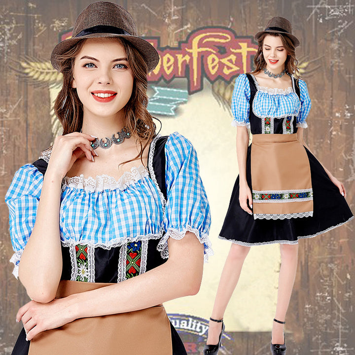 Damen nan folklorisches Oktoberfest-Kostüm im Dirndlstil mit Carmenbluse geschnürtem Mieder und bestickter Schürze Echo Archiv
