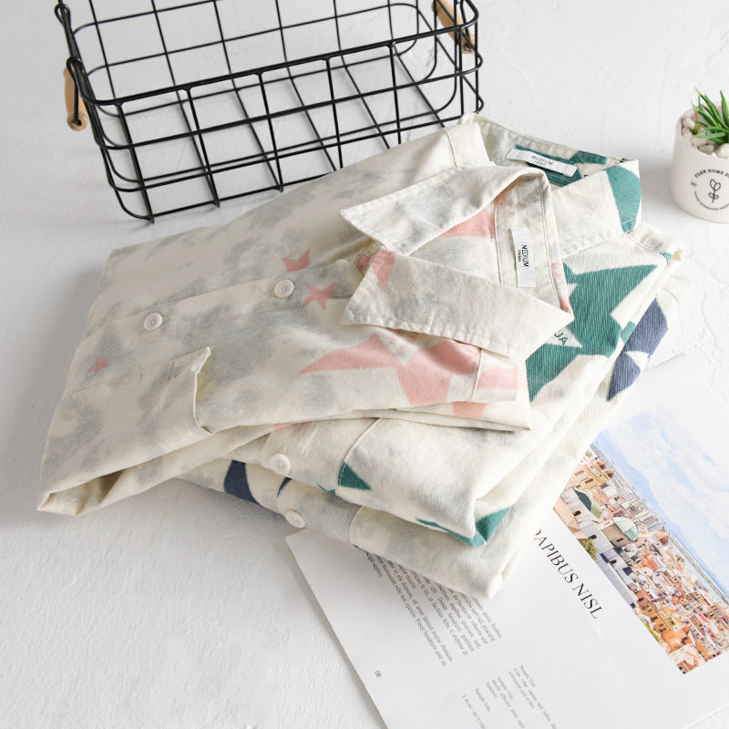 Herren Lockeres Baumwoll-Blend Overshirt mit Stern-Print und Brusttasche Echoarchiv